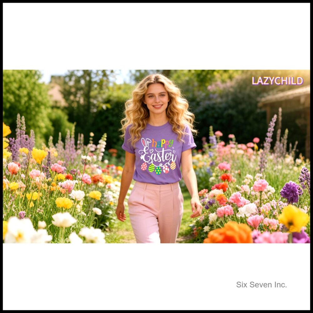 Happy Easter Bunny Rabbit Graphic T-Shirt Short Sleeve Top - Picture 6 of 7